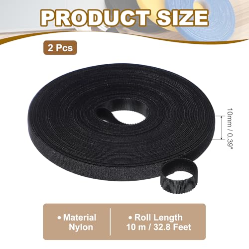 Image of PATIKIL 0.4IN x 33FT Hook and Loop Tape, 2 Pcs Double-Sided Nylon Strips Reusable Cable Ties Roll Multi-Purpose Cord Management Tape Wrap Fastener for Home Office, Black