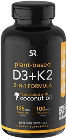 Sports Research Vegan Vitamin D3 + K2 with Organic Coconut Oil - 5000iu Vitamin D, 100mcg Mk7 Vitamin K - Supports Bone & Immune Health - 60 Softgels