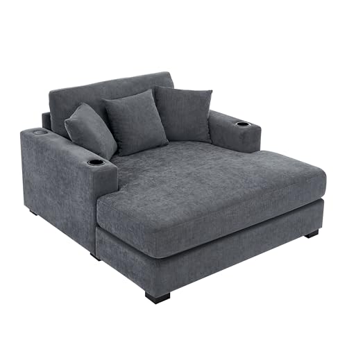 Modern 55" Indoor Oversized Chaise Lounger, Chenille Fabric Sleeper Sofa Couch with Pillows, Charge Station & Cup Holders,Suitable to Living Room,Bedroom and Office (Blue-gray/55) - Thumbnail 6