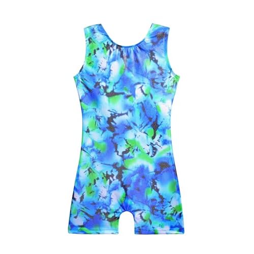 HOZIY Gymnastics Leotards for Girls Unicorn Aurora Rainbow Mermaid Dinosaur Cupcake Sparkle Biketard Toddlers Kids Children 1-2T Blue Green Flower