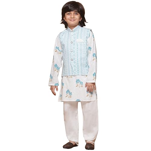 Image of AJ DEZINES Kids Ethnic Wear Cotton Printed Kurta Pajama Set For Boys With Nehru Waist Coat Jacket