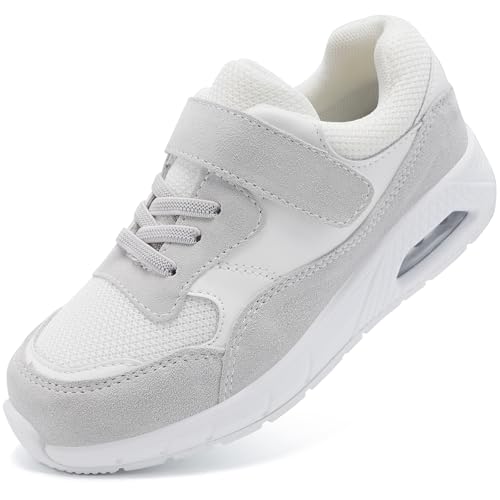 Mioceko Kids Trainers Boys Running Shoes Lightweight Air Cushion Sneakers Girls Tennis Shoes All White 1 UK