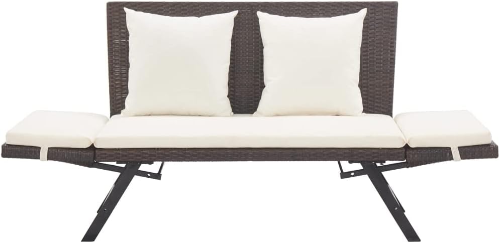 Outdoor Sun Bed Brown Rattan, Creamy White Cushions,Cozy Outdoor Garden Bench with Convertible Functionality for Comfort and Style Patio Furniture