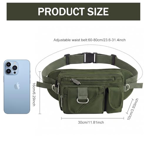 Image of GUSTAVE Tactical Waist Bag with Multi Pocket Storage, Water Resistant Oxford Fanny Pack with Adjustable Belt & D Ring for Hiking, Fishing, Cycling, Work, and Outdoor EDC Army Green