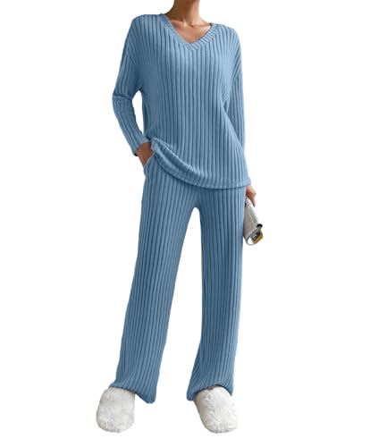 Listado de Ropa Azul los mejores 10. 40 VIOPY Conjunto de Punto Tejido Mujer Conjuntos de Dos Piezas Casuales para Mujeres Comfy Loungewear Set Women Moda Pants Dama Completo Pantalon y Blusa (Azul, CH)