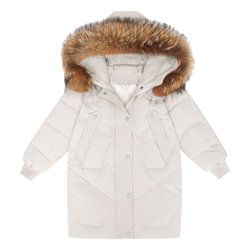 Girls Boys Winter Outerwear Hooded Down Coat Packable Lightweight Warm Puffer Down Jacket with (Beige, 10-11 Years)
