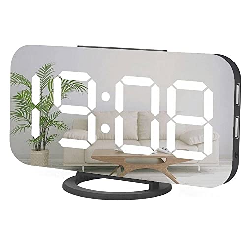 Miowachi Digital Alarm Clock,Large Mirrored LED Clock,Snooze,Dim Night Light 2 USB Charger Ports Desk Alarm Clocks for Bedroom Decor (Black)