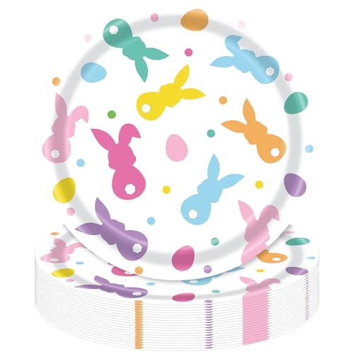 SpinLaLa 48 Pieces Easter Bunny Paper Dessert Plates – 7-Inch Colorful Bunny Disposable Plates for Easter Party, Spring Celebration, Baby Shower, and Family Gathering