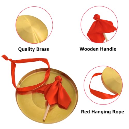 Hooshing Gong Instrument 8.7 Inch Chinese Traditional Percussion Instrument Brass Gong with Mallet and Red Ribbons for Festival Celebration Party Cheering