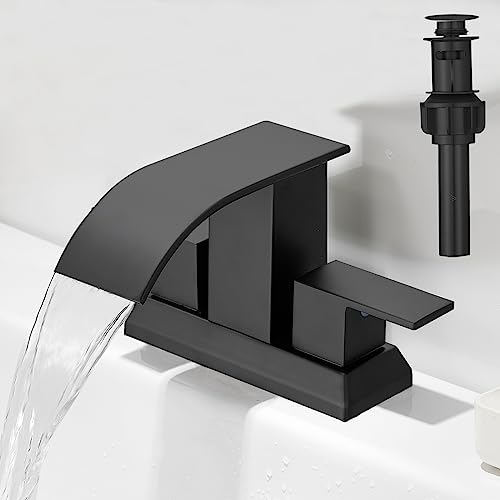 Hoimpro 3 Holes 4 Inch Bathroom Faucet, Waterfall Matte Black Bathroom Faucet Two Handles Centerset Bathroom Sink Faucet Vanity Sink Faucet With Cupc Supply Hoses And Pop Up Drain #TOP26
