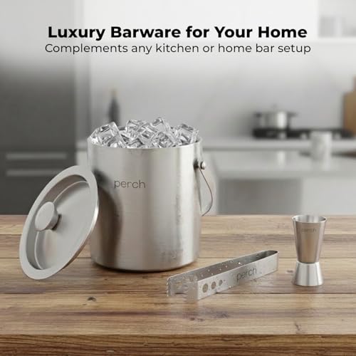 Image of O' Holic by Perch Ice Bucket Trio Stainless Steel - Double Wall Ice Bucket 1.5 Litre with Lid, Ice Tongs & 30 /60 ml Jigger | Insulated Cocktail Barware for Home, Parties & Gifting