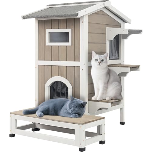 PetsCosset Outdoor Cat House Feral Cats Shelter Weatherproof with Balcony, 2-Story Wooden Outside Pet C at House with Openable Roof, 4 Door, 2 Platfor