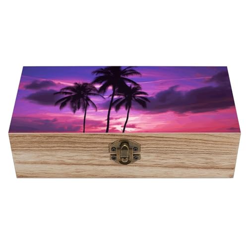 Caja de almacenamiento decorativa de madera con diseño de palmera y puesta de sol, color morado, con cierre de bisagras, cofre de recuerdo vintage para organizar anillos, collares, baratijas