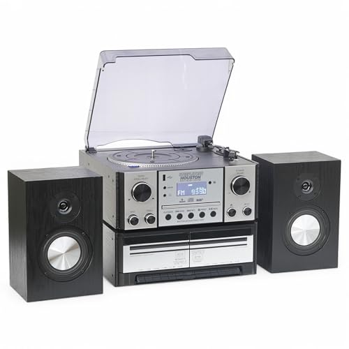 Steepletone Houston XP Silver - Centro de música 6 en 1, reproductor de discos de vinilo Bluetooth, tocadiscos con CD, casete, radio DAB+/FM, reproducción y codificación de MP3 USB, altavoces