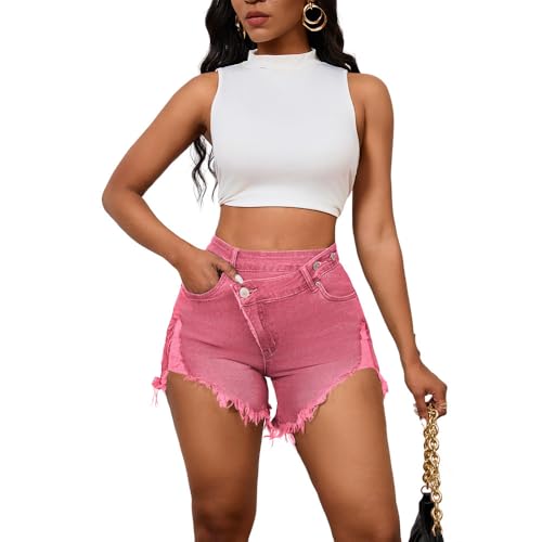 Image of PINSV Women's High Waisted Crossover Jean Shorts Ripped Hem Raw Denim Shorts