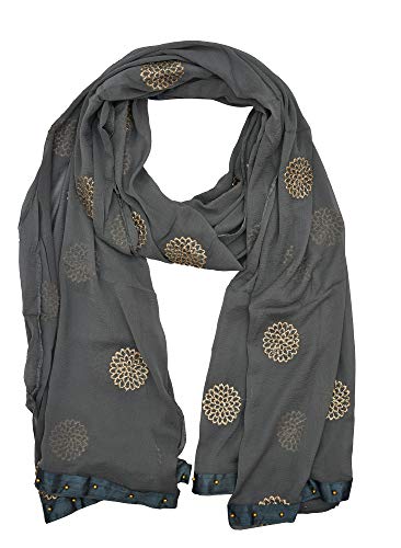 Image of YOUTHQUAKE Golden Floral Embroidery Work Chiffon Dupatta for Womens & Girls with Fancy Moti Lace