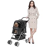 MeetPerfect 4 Wheels Travel Stroller Pet Stroller Dog Cat Pushchair Trolley Puppy Jogger Folding Carrier Carriage with Storage Basket for Small Medium Dogs & Cats 1 Pack- Black