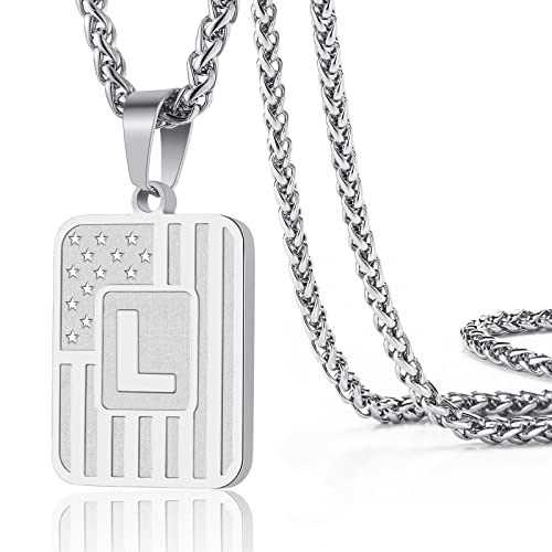 DuoDiner Letter L Initial Necklaces for Men, American Flag Pendent Chain Stainless Steel Dog Tag Male Necklace Jewelry Gifts (Silver)