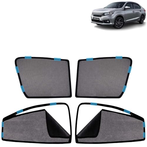 Image of KINGSWAY Car Sun Shade Curtains Only Compatible with Honda Amaze (2021 to 2022) | Front Window in Half Cut and Rear in Zipper (Magnetic) | UV & Heat Protection | Pack of 4 Pcs