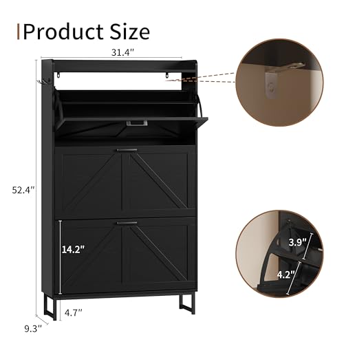 Image of Shoe Cabinet with 3 Flip Drawers, Freestanding Hidden Shoe Storage Organizer for Entryway, Narrow Slim Shoe Rack Cabinet with Open Storage & Hooks for Front Door Entrance, Living Room, Hallway, Black