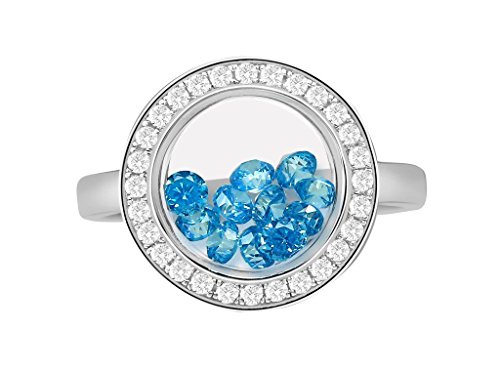 PARIKHS Round Ring Floating Blue Cubic Zirconia Inside -CZ Border - Sterling Silver