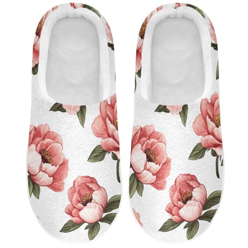 Retro Peonies White Womens Cotton Slippers Soft Memory Foam Home Slippers for Spa Funny Presents 6-7