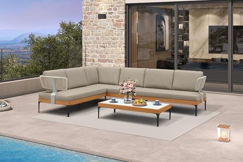 Image of PURPLE LEAF Patio Furniture Set Outdoor Sectional Sofa with Coffee Table Fade-Resistant Cushions Wicker L-Shaped 7 Pieces Aluminum Conversation Sets for Balcony Yard Garden Poolside, Taupe