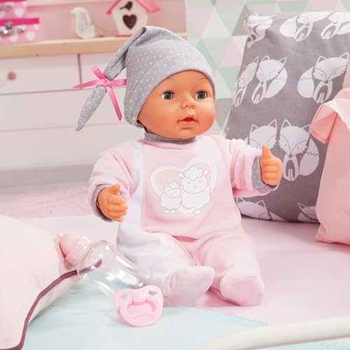 Bayer Design 93829AA My Piccolina Interactive Puppe mit Funktion, sprechend, Babypuppe bewegt den Mund, 38 cm, Schnuller, Flasche, Rosa, Grau