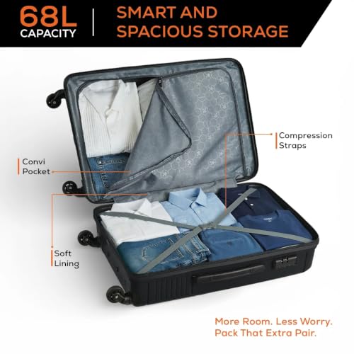 Image of HRX Icon Medium Size Haileys Black Polypropylene Hard Shell Suitcase - Premium Travel Trolley Bag with 4 Spinner Wheels, Number Lock & Water Resistant Body