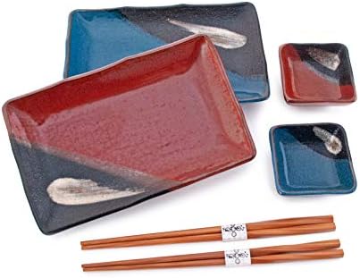 Hinomaru Collection Japanese Dinnerware 6 Piece Sushi Dinner Set Rectangular Sushi Plate Bowl Chopsticks Sushi Dinner Set for Two Made In Japan (Blue Red)