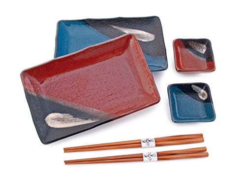 Hinomaru Collection Japanese Dinnerware 6 Piece Sushi Dinner Set Rectangular Sushi Plate Bowl Chopsticks Sushi Dinner Set For Two Made In Japan (Blue Red) #TOP1