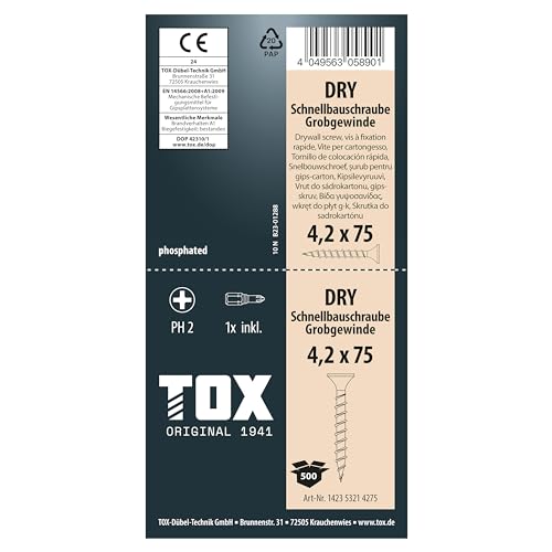 TOX Schnellbauschrauben DRY GG 4,2 x 75 mm, Schrauben schwarz phosphatiert mit Trompetenkopf + Grobgewinde, Gipskartonplatte auf Holz-Unterkonstruktion, PH2, 500 Stück, inkl. 1x Bit, 142353214275