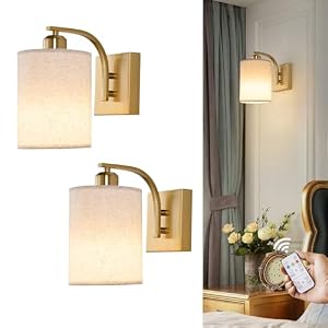 Powfloven Gold Rechargeable Wall Sconces Set of 2 with Remote, Wireless Battery Operated Dimmable LED Wall Lights, Cordless Wall Lighting Lamp Fixture for Bedroom Living Room
