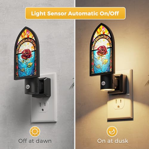 Image of L LOHAS LED Night Lights Plug into Wall, Gothic Night Light with Light Sensor, 3000K Soft White, 0-100LM Adjustable Brightness, Acrylic Rose Nightlight for Bathroom Bedroom Hallway, 2 Pack