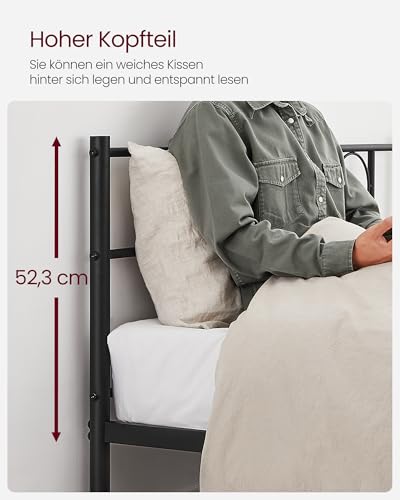 VASAGLE Bett 140 x 200 cm, Gästebett, Doppelbett aus Metall, Bettgestell, Bettrahmen, Metallbett, einfache Montage, tintenschwarz RMB064B01