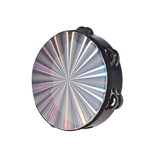 Muslady 8 inch /10 inch Wooden Radiant Tambourine Handbell Hand Drum with Double Row Jingles Reflective Drum Head Percussion Instrument