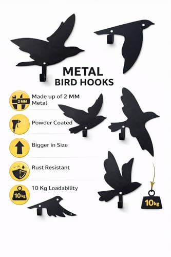 Image of Bird Wall Art Hooks - Set of 6 Metal Decorative Bird Hooks for Wall, Key Holder & Clothes Hanger - Laser Cut, Powder Coated, Heavy Duty, Rustic Home Decor for Living Room & Entryway