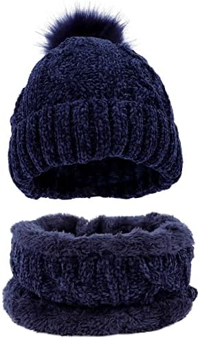 Women's Winter Knitted Hat & Scarf Set Outdoors Ski Cap with Faux Fur Pompom (Navy Blue)