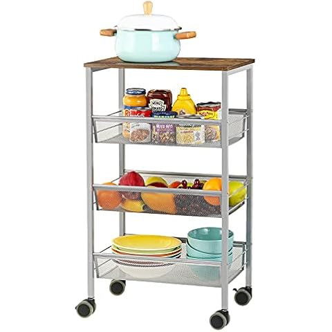 SEHERTIWY Kitchen Cart on Wheels, 3-Tier Rolling Storage Cart, Rustic Wood Look Top and Metal Frame, Black (Silver) Cover