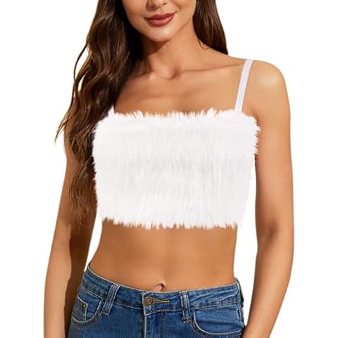 Giovacker Women's Sleeveless Spaghetti Strap Crop Tops Faux Fur Full Fuzzy Tube Top Tank Camis Rave Festival Outfits White，L Cover