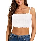 Giovacker Women's Sleeveless Spaghetti Strap Crop Tops Faux Fur Full Fuzzy Tube Top Tank Camis Rave Festival Outfits White，S