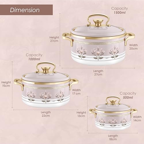 Image of Nayasa Rachel Casserole- Big Set of 3, 1000, 1500, 2000 ML | BPA Free | Food Grade | Easy to Carry | Easy to Store | Hot Pot for Kitchen | Roti Box | Pink