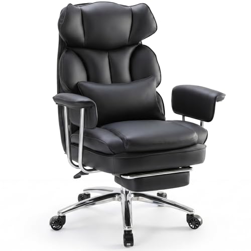 Sweetcrispy Executive Home Office Desk Chair - Ergonomic Big Tall High Back with Footrest & Lumbar Support, Reclining Height Adjustable, Comfy PU Leather Computer Gaming with Swivel Wheels, Black