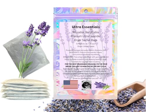 Lavender Sachet for Dryer, Naturally Scented Luggage Sachets, Closet & Drawer Fragrance, Freshens Laundry, Shoes, Gym Bags, Cars & Sweater Storage w/Premium Extra Flowers, Grown in USA (6 Pack)