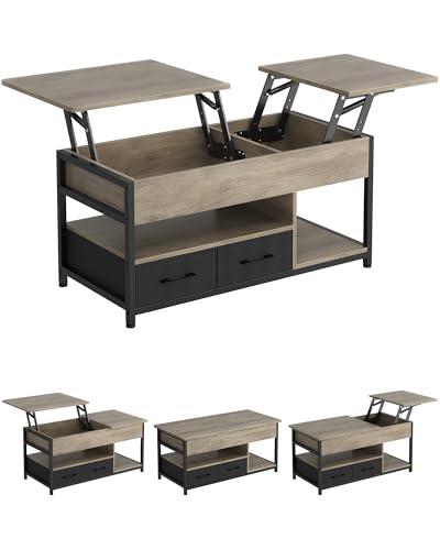 KIMENICH Couchtisch Höhenverstellbar, Couchtisch mit Stauraum, 2 Schubladen, Wohnzimmertisch, Versteckte Fächer, Kaffeetisch, Offenes Fach, für Wohnzimmer, Büro, Grau