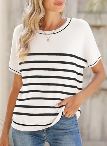 Image of SHEWIN Womens Tops Trendy Short Sleeve Shirts Crewneck Lightweight Knit Sweater Top Business Casual Outfits