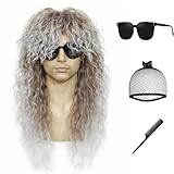Kavsni Rock Wig for 70s 80s Costume Men and Women Curly Wavy Rocker Wig with Bangs Hippie Party Funny(Brown Gradient White)