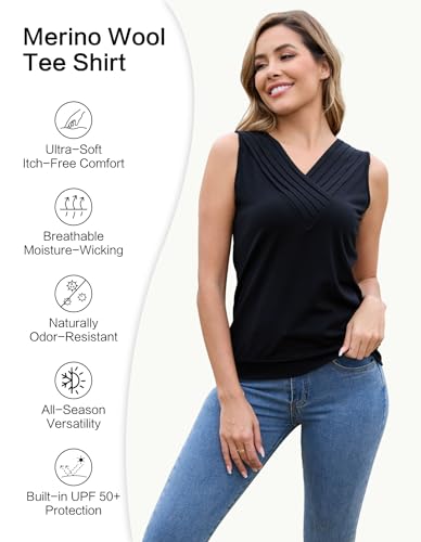 Merino Wool Pleated V Neck Tank Top for Women for Work, Sleeveless Summer Shirt for Women, Moisture Wicking Camisole2