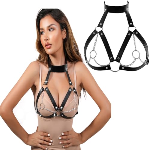 SUPKTHDY Damen Leder Harness Bra mit Kette, SM Bondageset Sexspielzeug Einstellbar Brust Body Harness Fetisch Sexy Brustgurt Erotik Korsett Bikini...