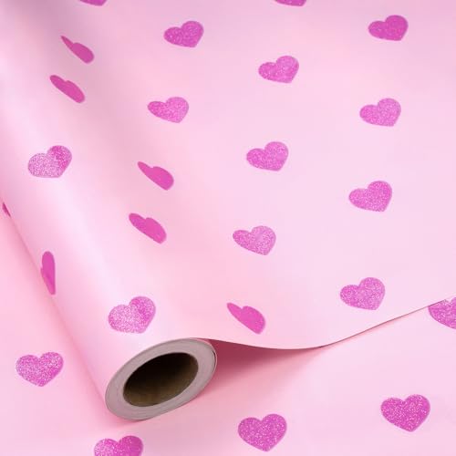RUSPEPA Papel de Envolver en Rollo para Día de San Valentín - Rollo Pequeño con Corazones Brillantes en Oro Rosa, Papel de Envolver Romántico para Parejas, Esposas, Maridos, Bodas, 43,2cm x 5m
